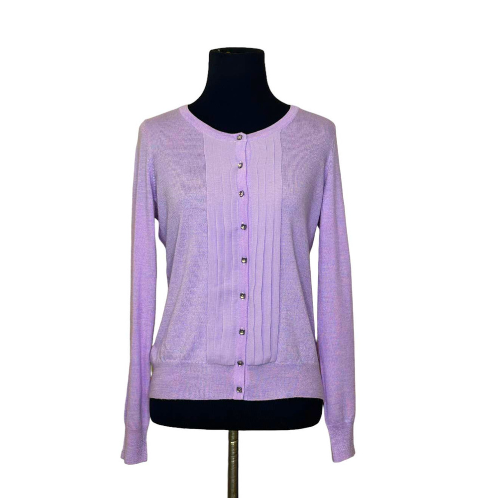 Talbots lilac purple merino wool front pleated buttoned cardigan size SP